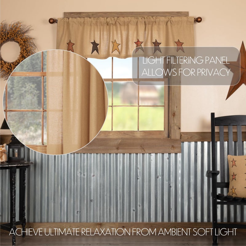 VHC Brands Stratton Primitive 16"x72" Stars Valance Tan Rod Pocket Appliqued Cotton Burlap Kitchen Window Curtains - Image 3